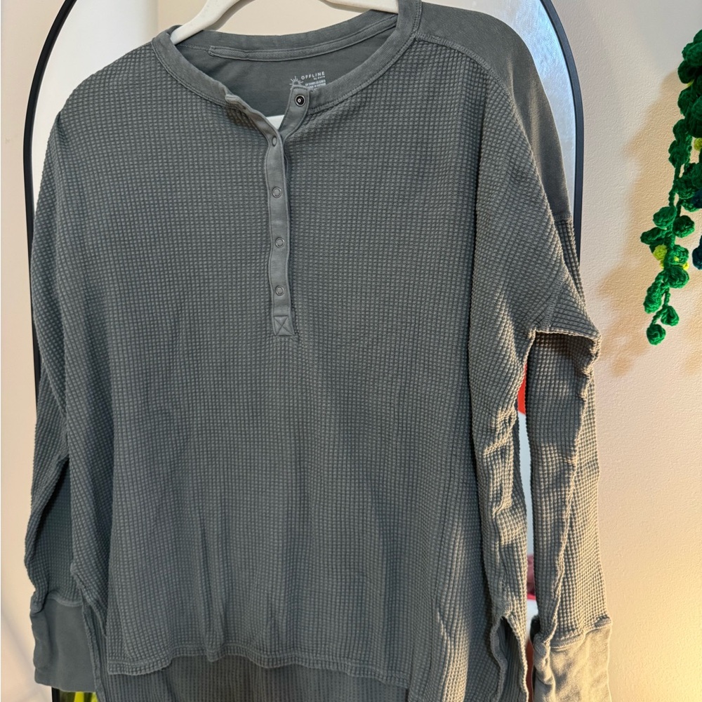Aerie Waffle Knit Henley Long Sleeve Top - green